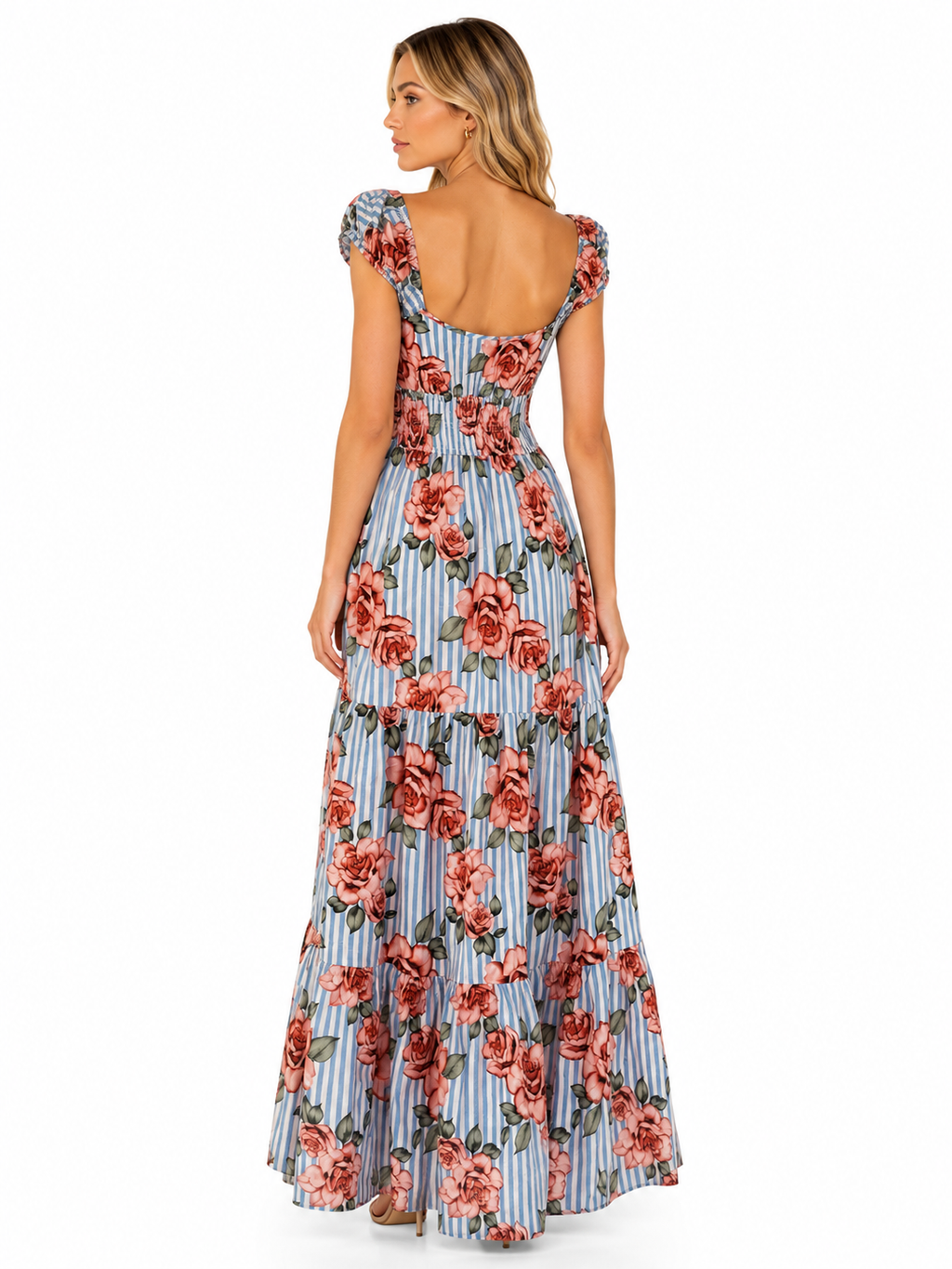 Hutch Blue Coral Striped Rose Floral Maxi Dress Size Small Retail $350