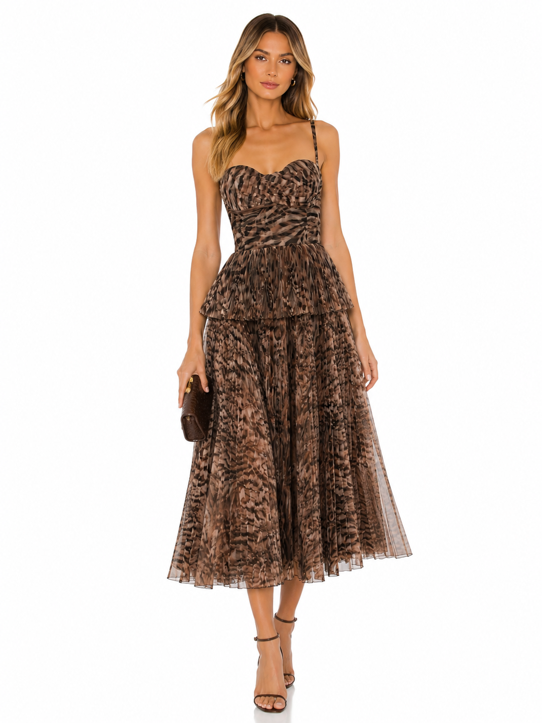 Hutch Brown Animal Print Pleated Peplum Midi Dress Size 2 Retail $398