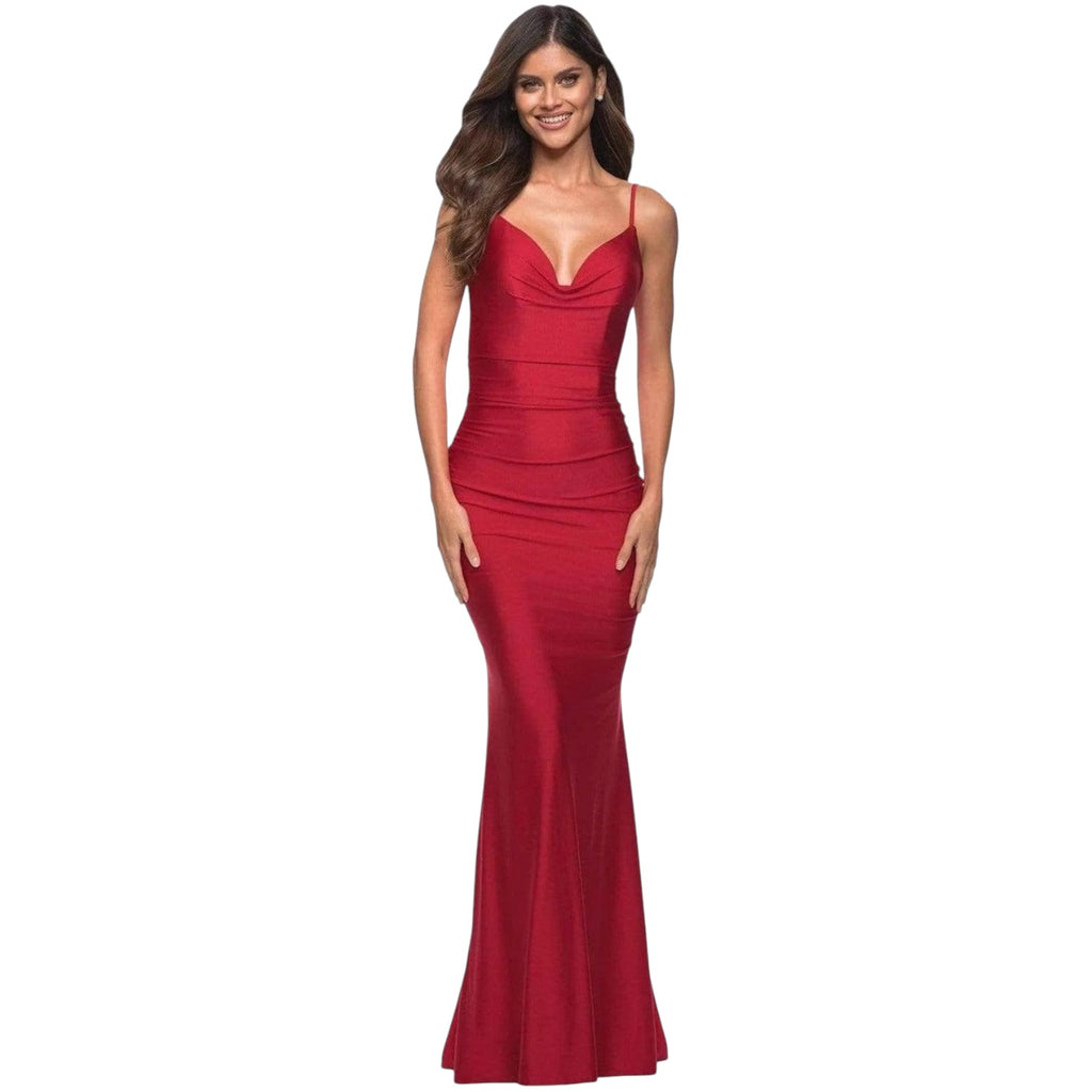 La Femme 30366 Jersey Ruched Cowl Neck Mermaid Gown in Red Size 12