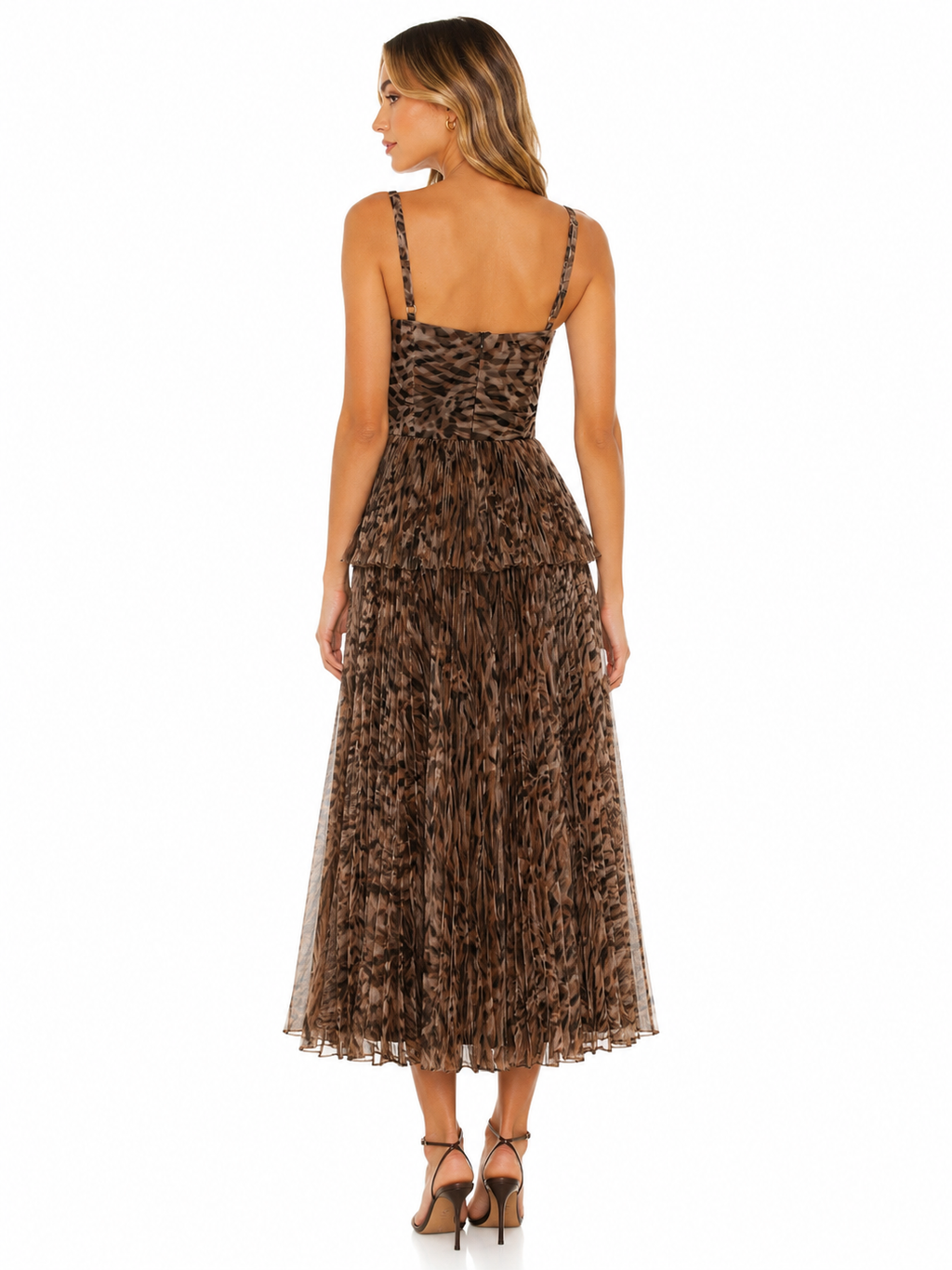 Hutch Brown Animal Print Pleated Peplum Midi Dress Size 2 Retail $398