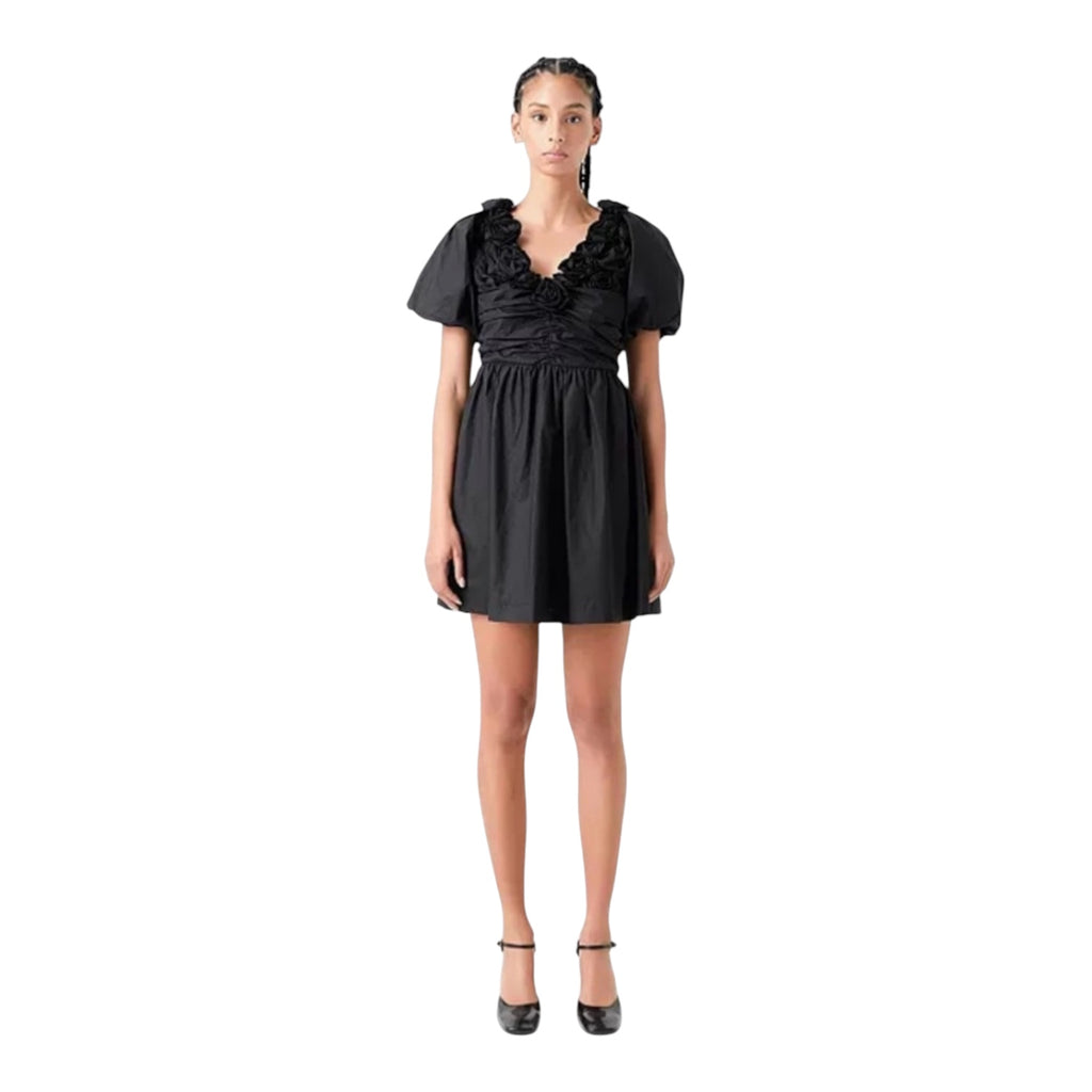 English Factory Flower Neckline Puff Sleeve Mini Dress Black Sz XS