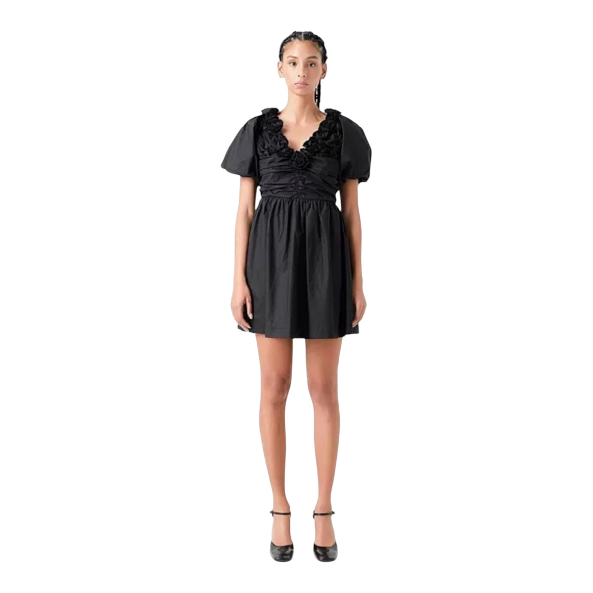 English Factory Flower Neckline Puff Sleeve Mini Dress Black Sz XS