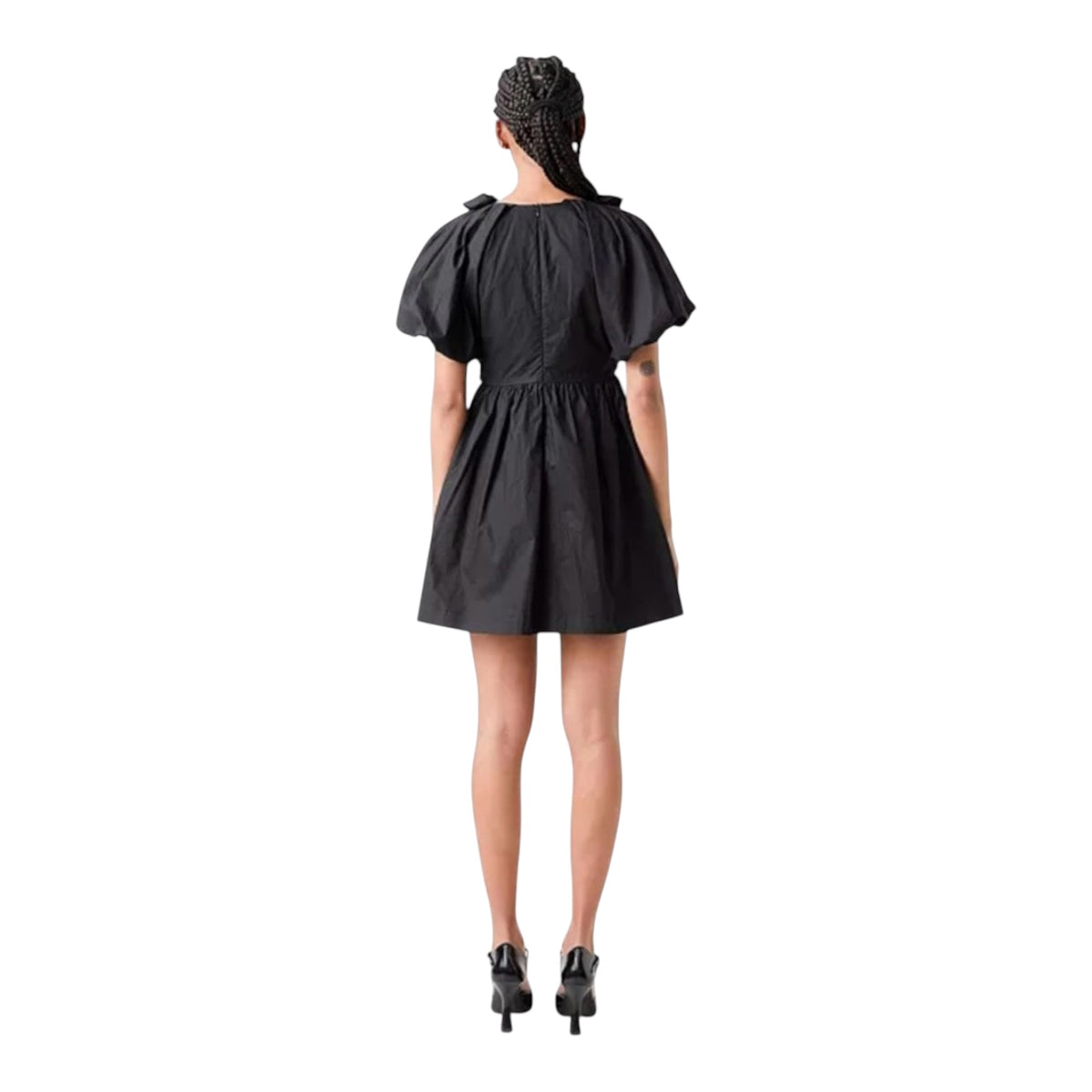 English Factory Flower Neckline Puff Sleeve Mini Dress Black Sz XS