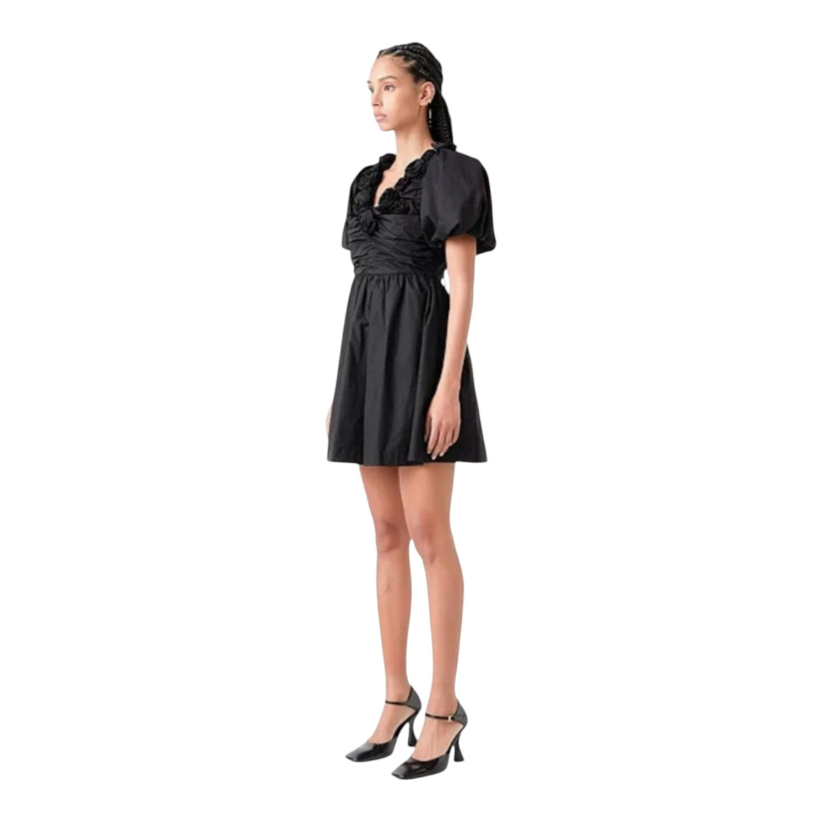 English Factory Flower Neckline Puff Sleeve Mini Dress Black Sz XS