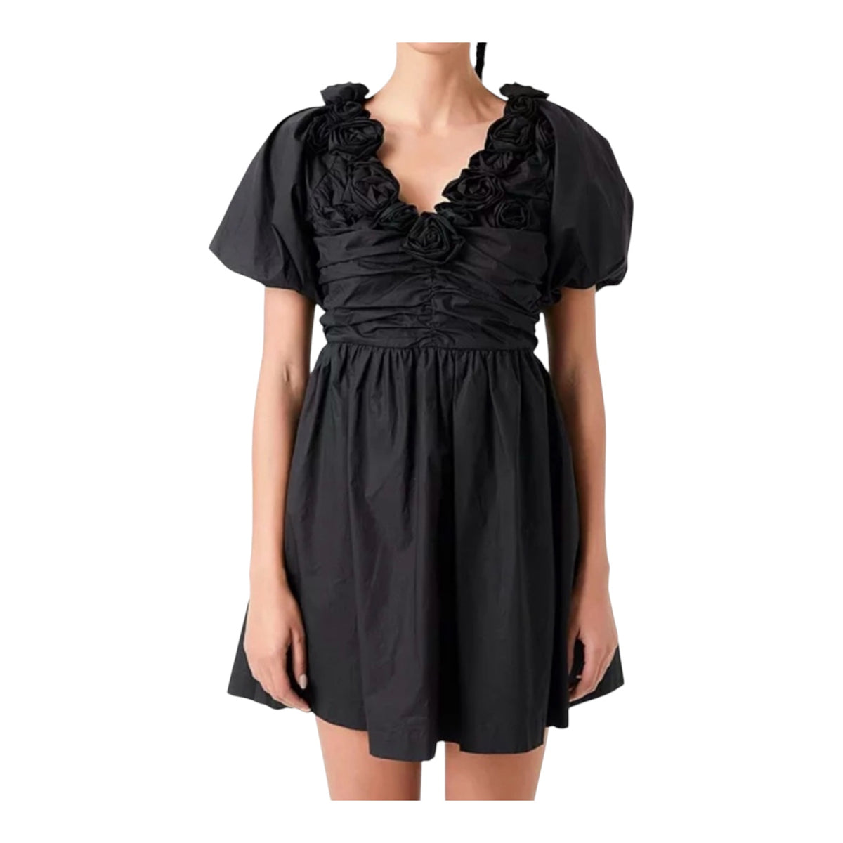 English Factory Flower Neckline Puff Sleeve Mini Dress Black Sz XS