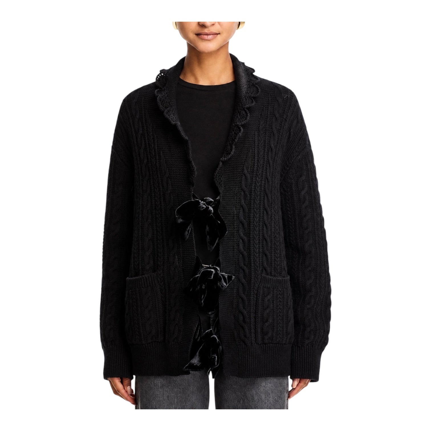 Sea New York Mariella Merino Wool Cable Knit Cardigan Sweater Black Large