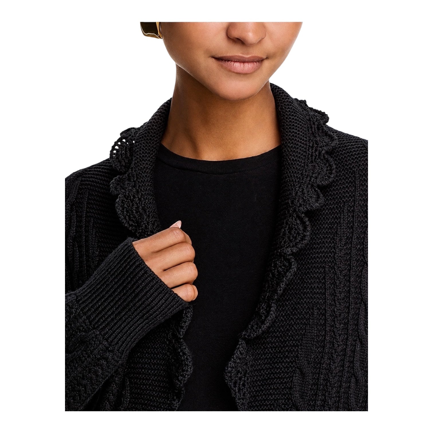 Sea New York Mariella Merino Wool Cable Knit Cardigan Sweater Black Large