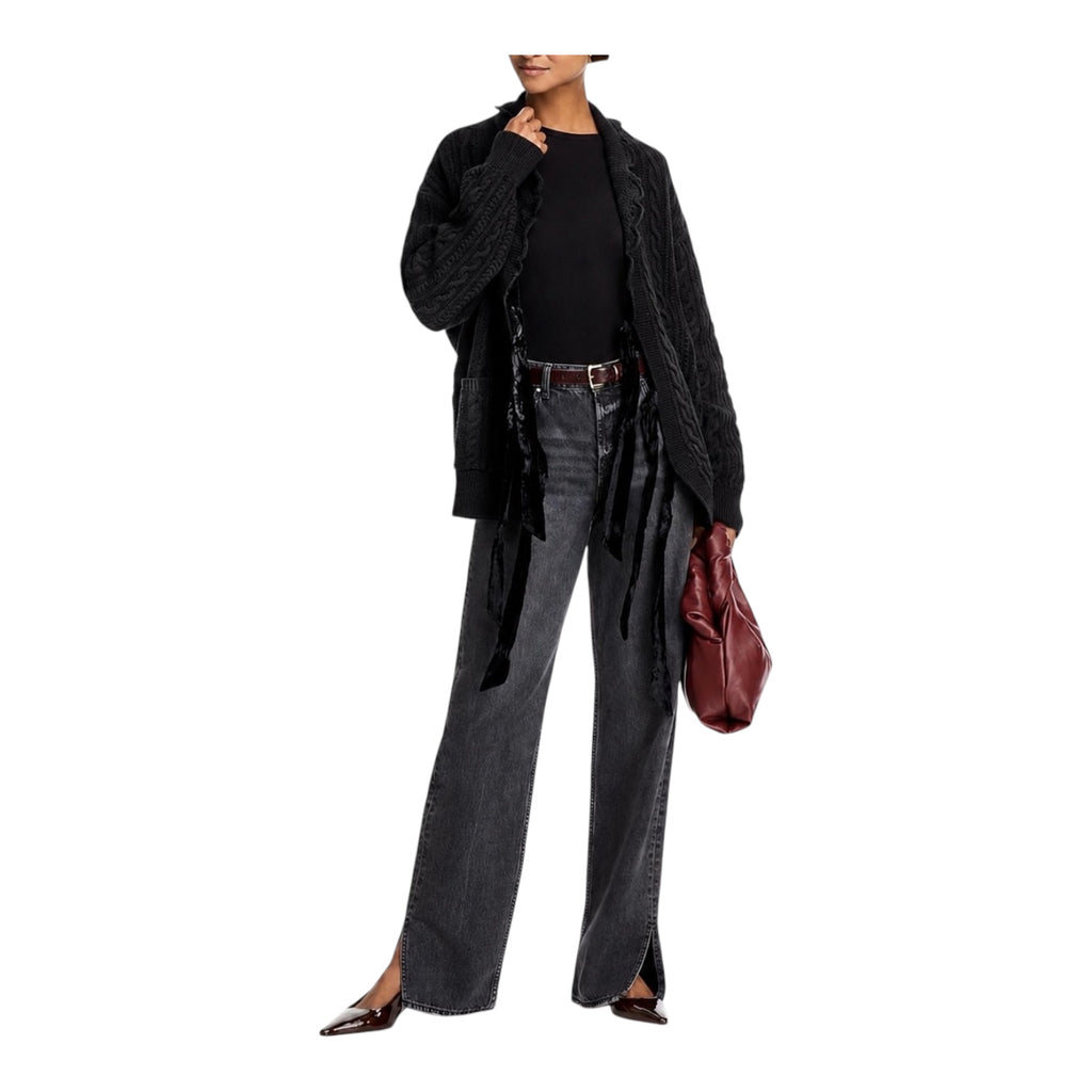 Sea New York Mariella Merino Wool Cable Knit Cardigan Sweater Black Large