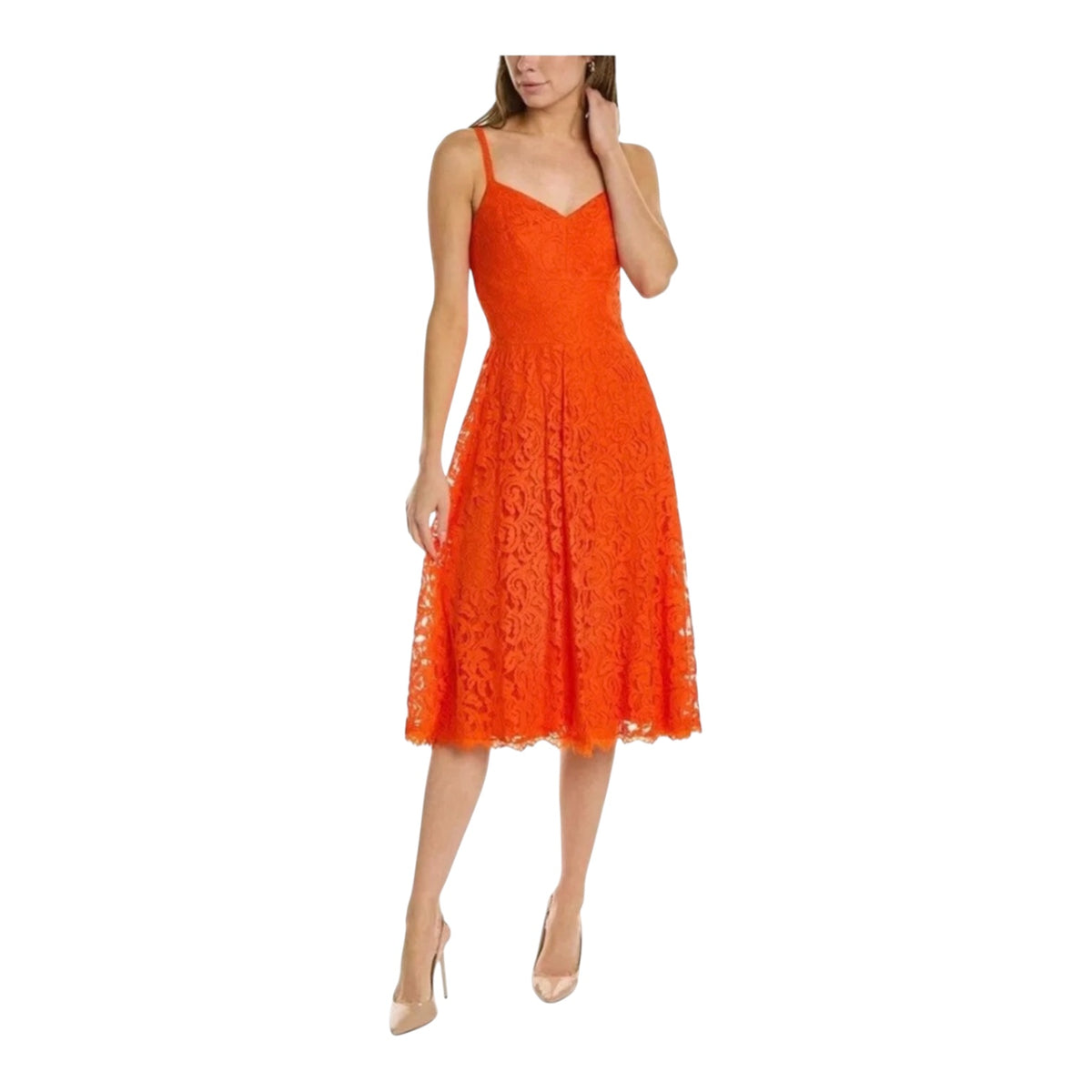 SHO by Tadashi Shoji Lace Fit-&-Flare Midi Dress in Tango Orange Sz 00