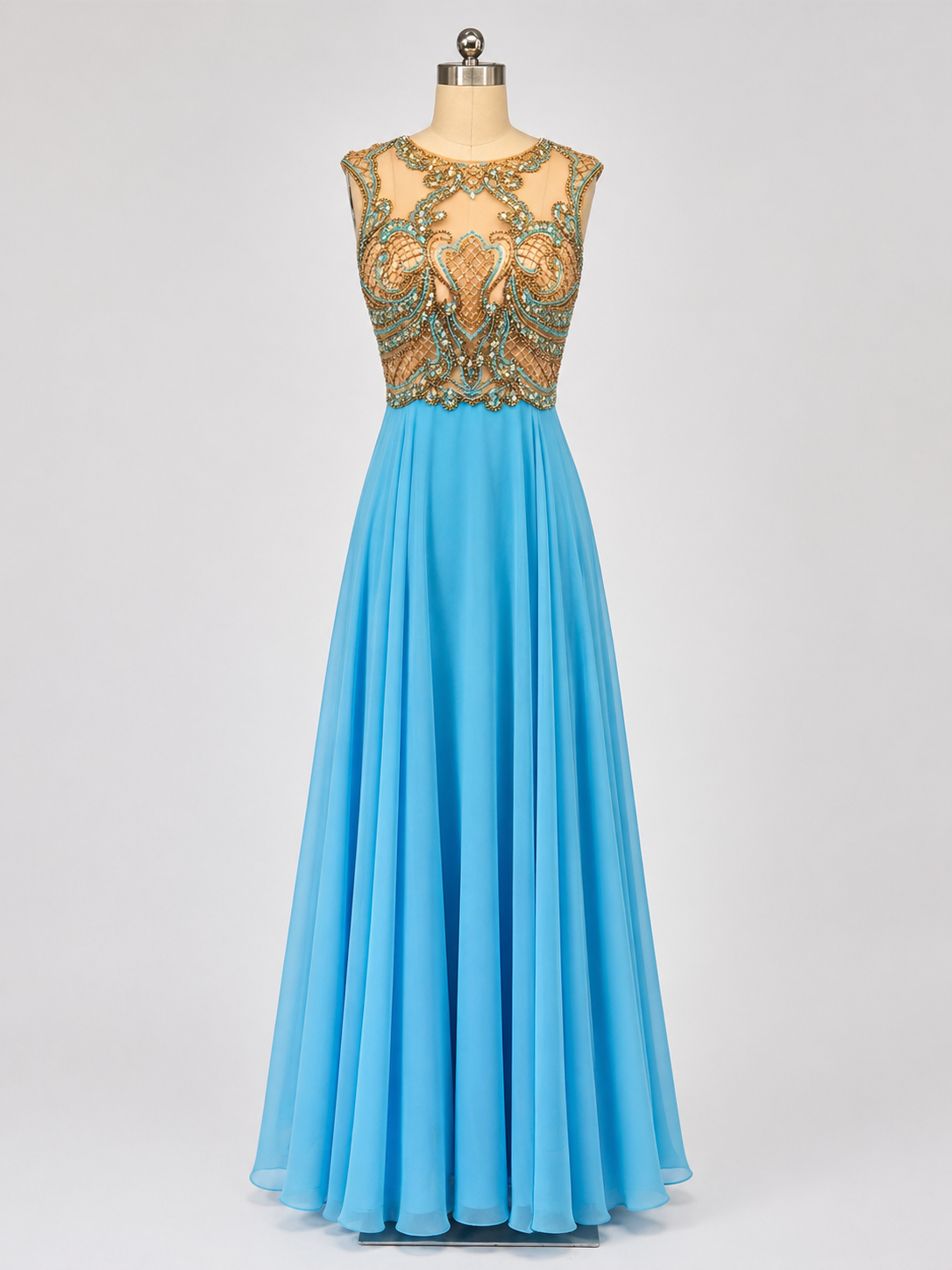 Sherri Hill 50160 Light Blue Beaded Illusion Chiffon Gown Dress Size 2 $450