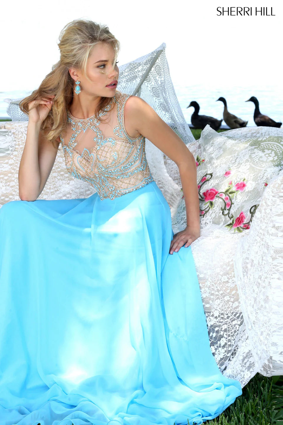Sherri Hill 50160 Light Blue Beaded Illusion Chiffon Gown Dress Size 2 $450