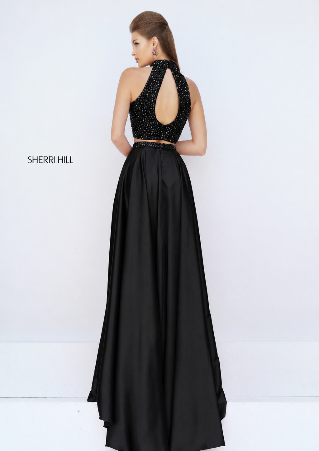 Sherri Hill 11330 Black Two Piece Halter High Slit Prom Gown Dress Size 4 $498