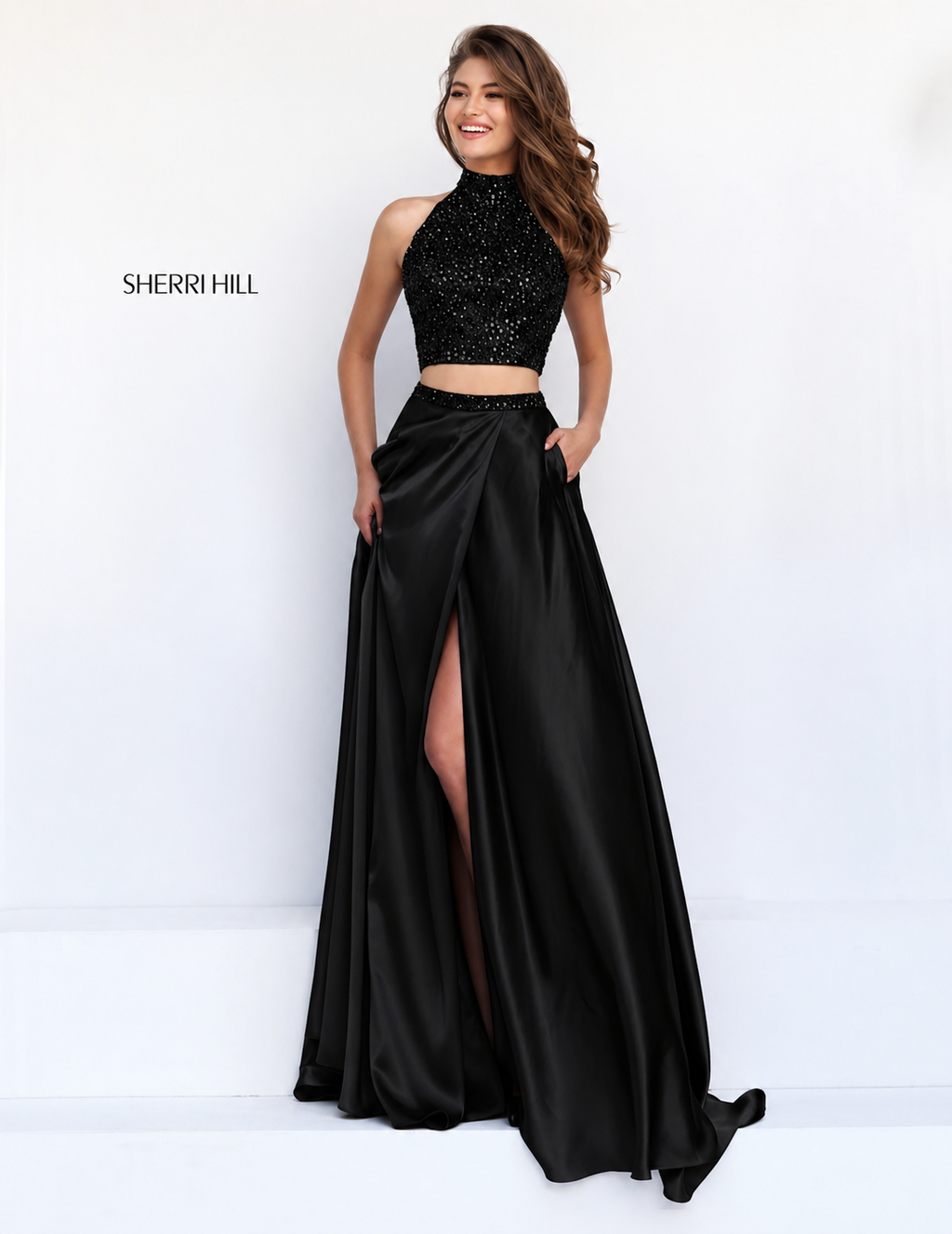 Sherri Hill 11330 Black Two Piece Halter High Slit Prom Gown Dress Size 4 $498