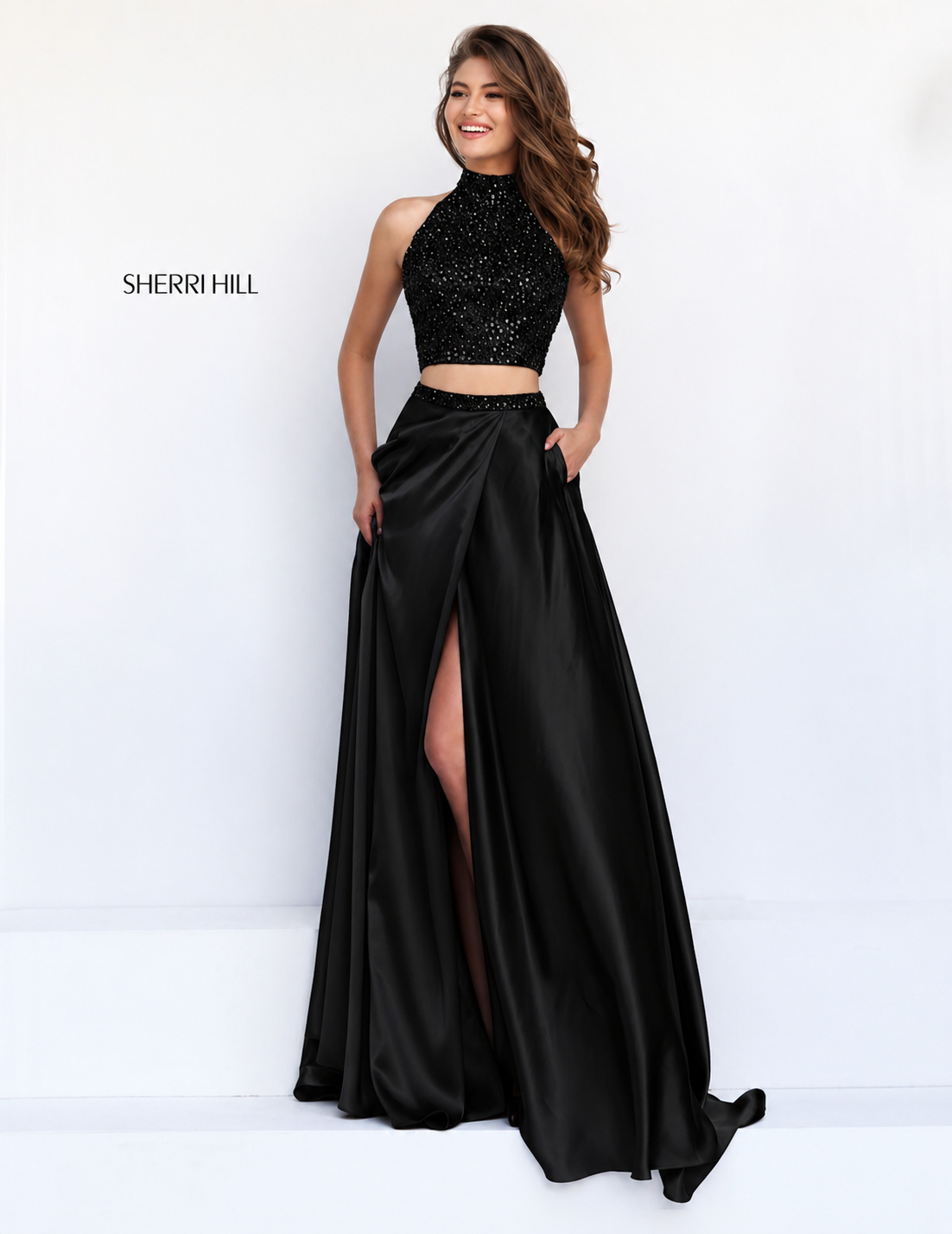 Sherri Hill 11330 Black Two Piece Halter High Slit Prom Gown Dress Size 4 $498