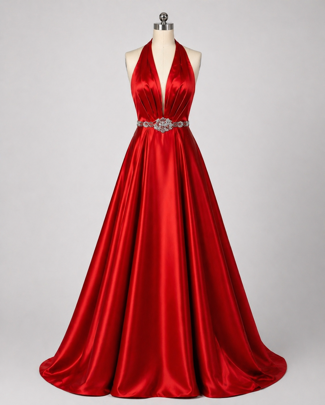 Sherri Hill 51588 Red Halter Ball Gown Beaded Waist Satin Formal Dress Size 2 $598