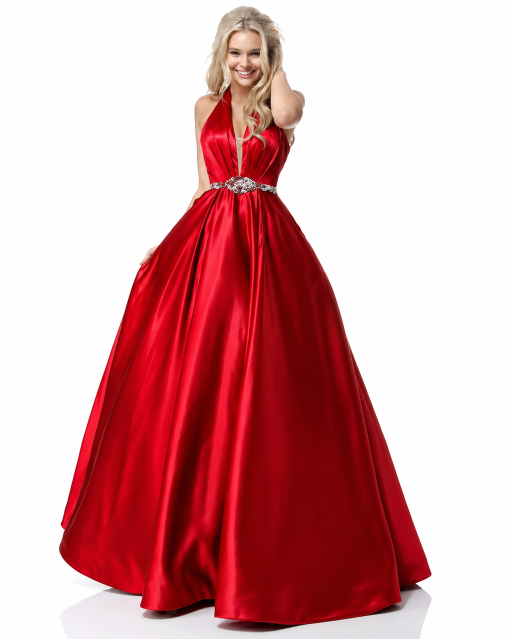 Sherri Hill 51588 Red Halter Ball Gown Beaded Waist Satin Formal Dress Size 2 $598