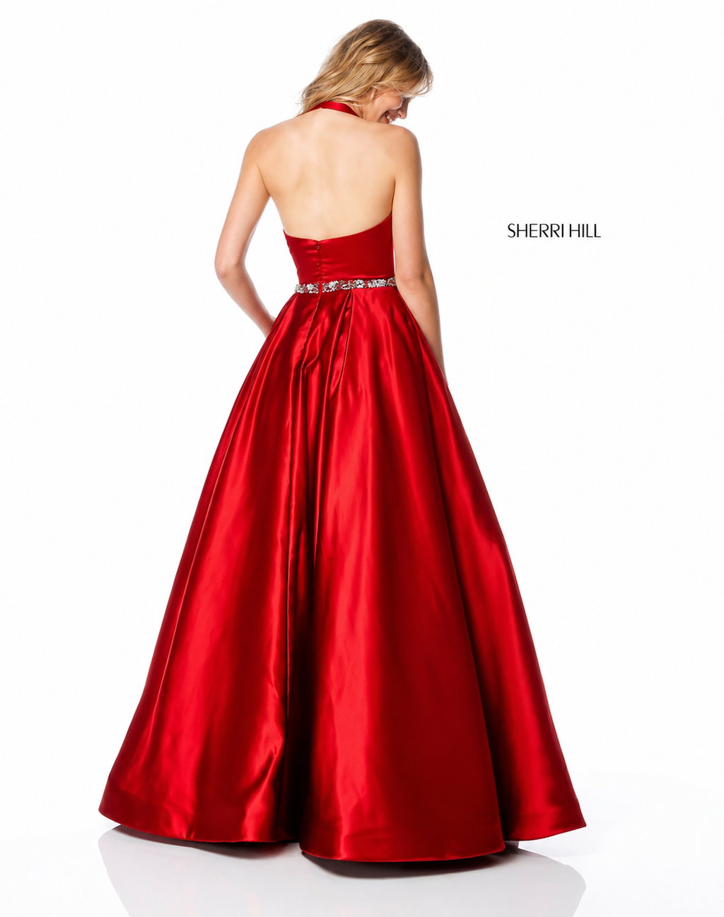 Sherri Hill 51588 Red Halter Ball Gown Beaded Waist Satin Formal Dress Size 2 $598