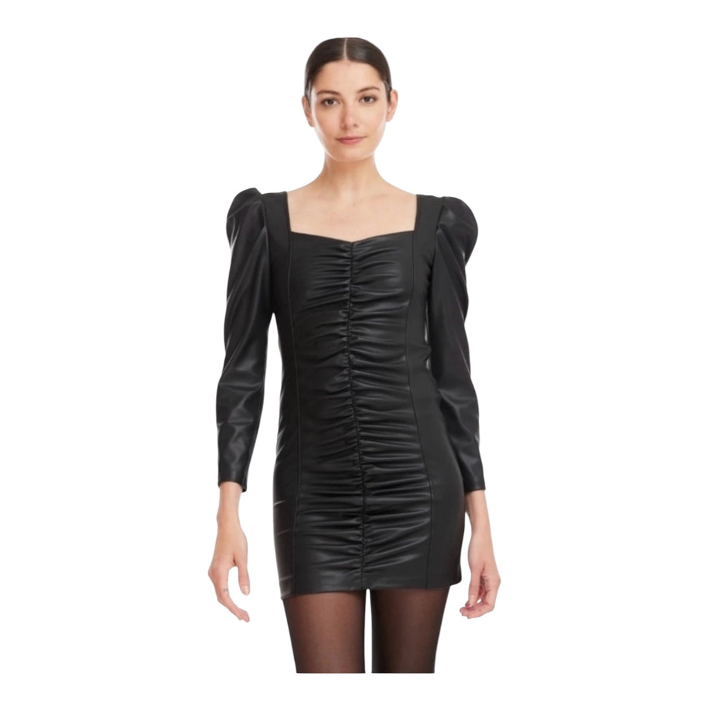 Generation Love Estelle Heart
Neck Ruched Black Vegan Leather Dress
Sz Small