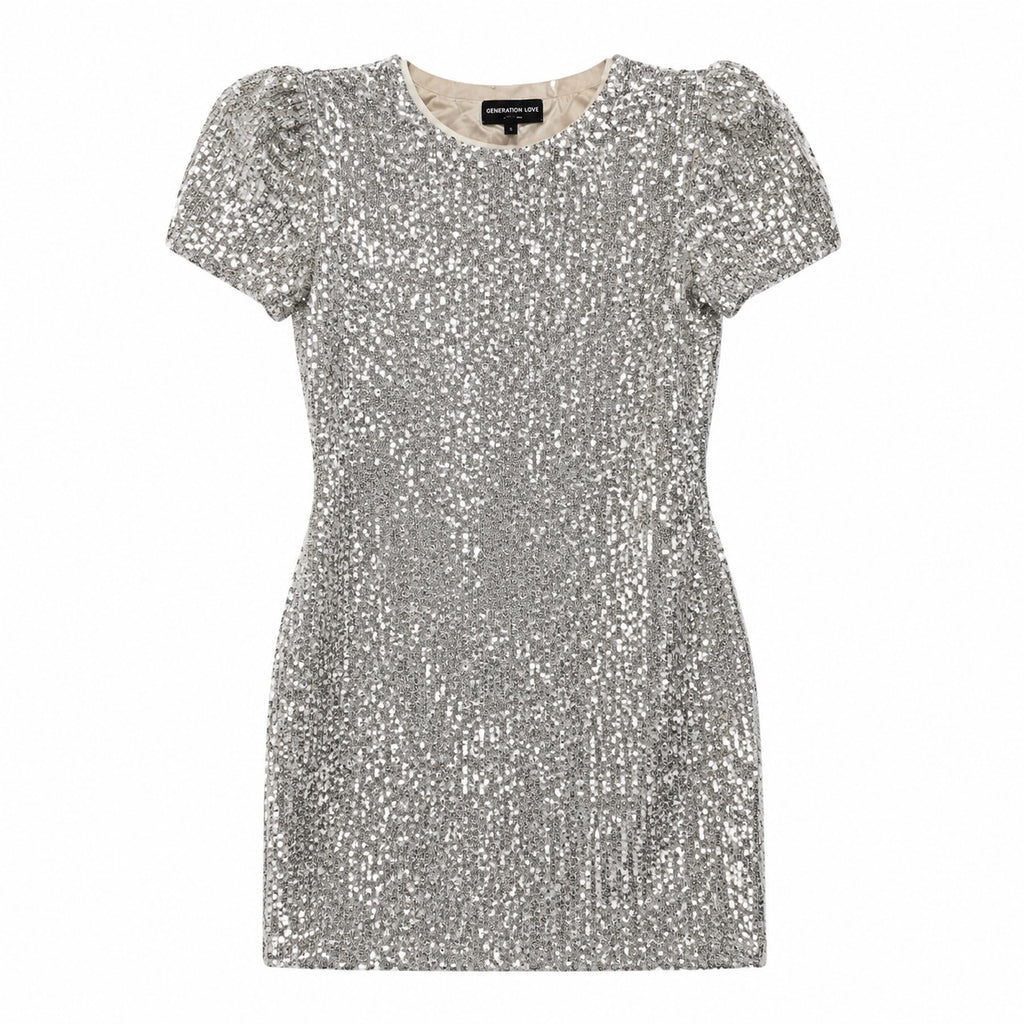 Generation Love Donna Sequin Puff Sleeve Mini Dress in ARGENTO Sz Small
