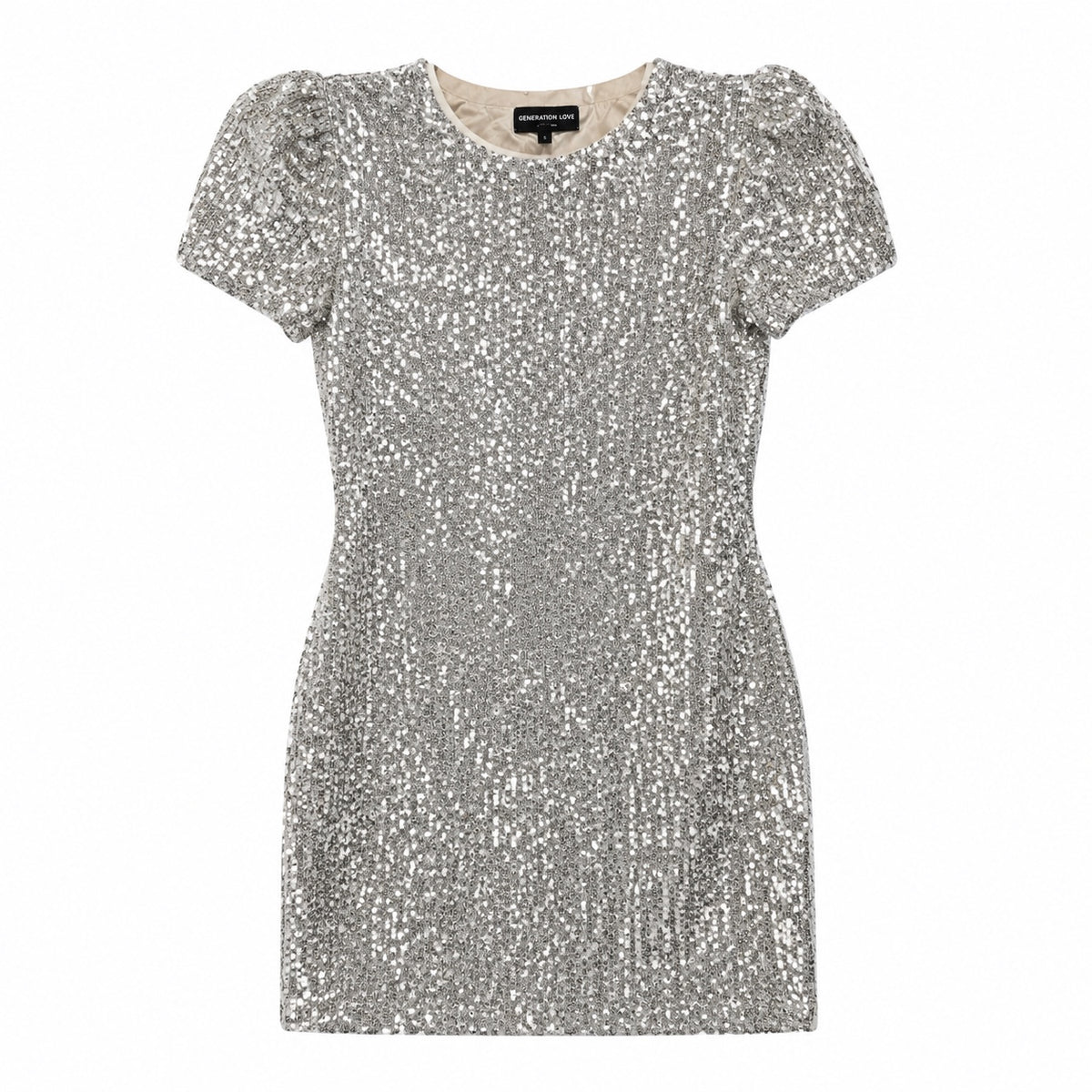 Generation Love Donna Sequin Puff Sleeve Mini Dress in ARGENTO Sz Small