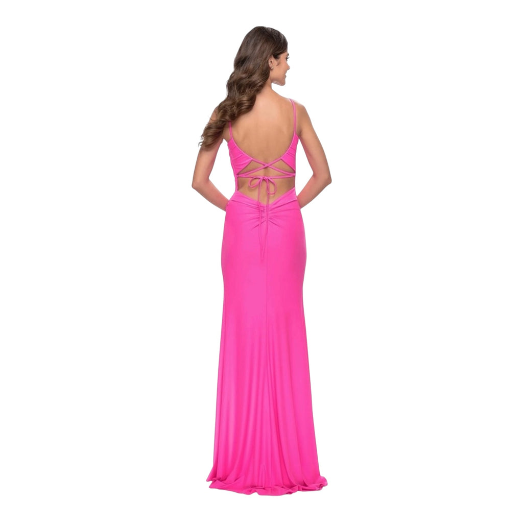 La Femme Side-Slit Backless Long Dress Neon Pink Size 4