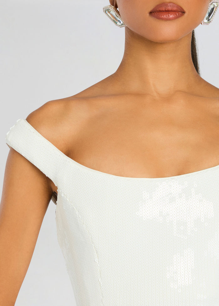 Retrofête Jazmina Sequin Dress White Off Shoulder Mini Medium $898