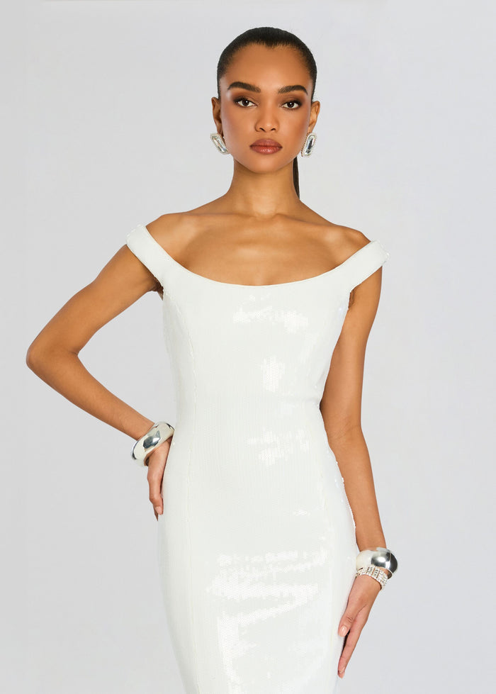 Retrofête Jazmina Sequin Dress White Off Shoulder Mini Medium $898