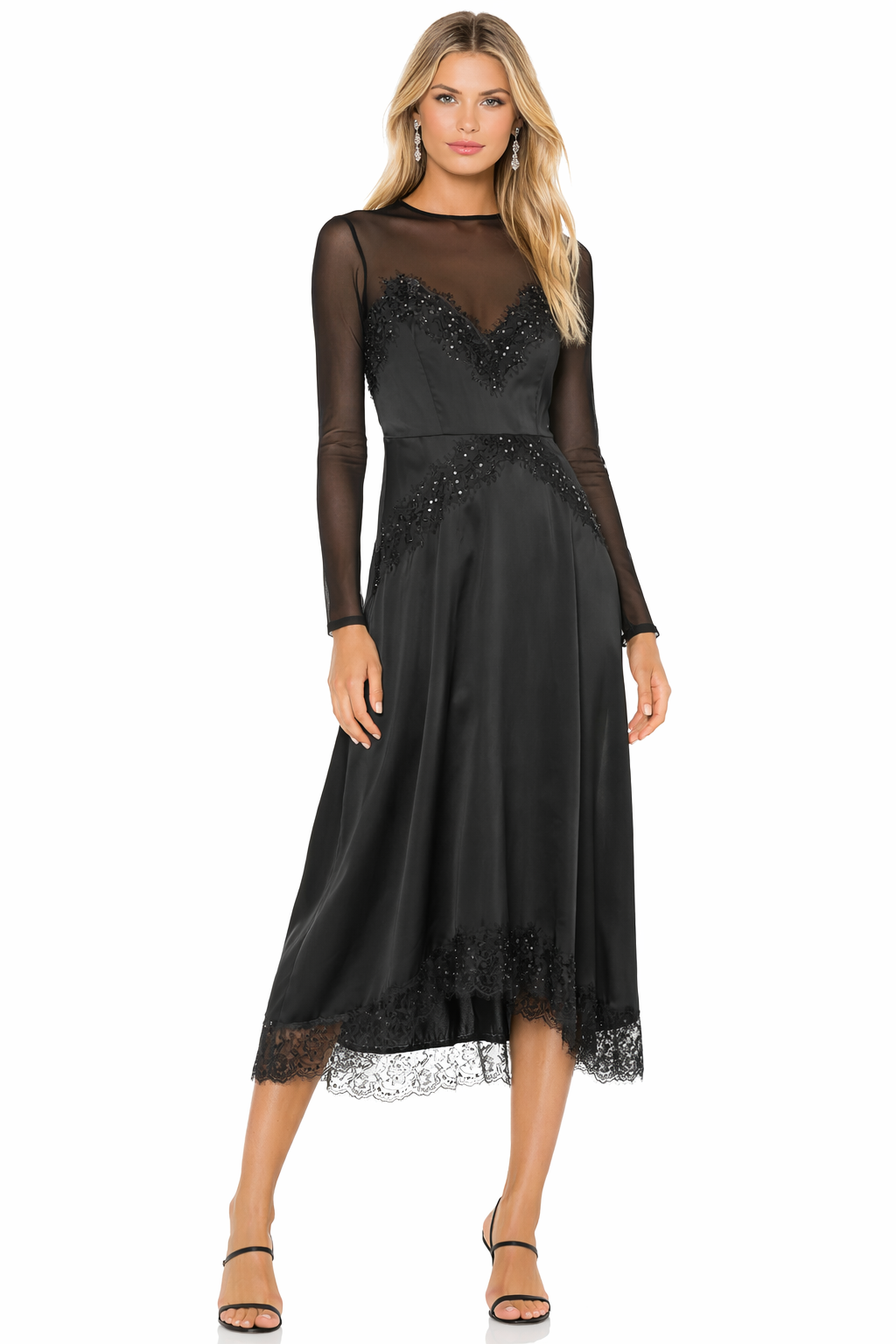 The Kooples Lace Up Midi Dress Black Sheer Lace Beaded Long Sleeve Size 1 Small $355