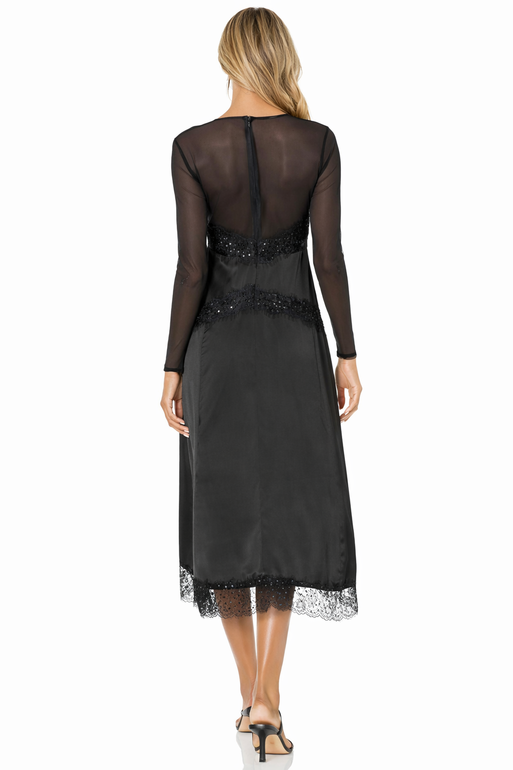 The Kooples Lace Up Midi Dress Black Sheer Lace Beaded Long Sleeve Size 1 Small $355