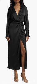 Ramy Brook Aurora Draped Satin Shirtdress in Black Sz 0 $545