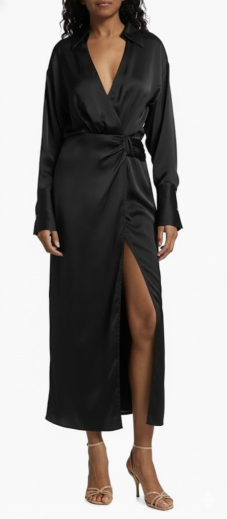 Ramy Brook Aurora Draped Satin Shirtdress in Black Sz 0 $545