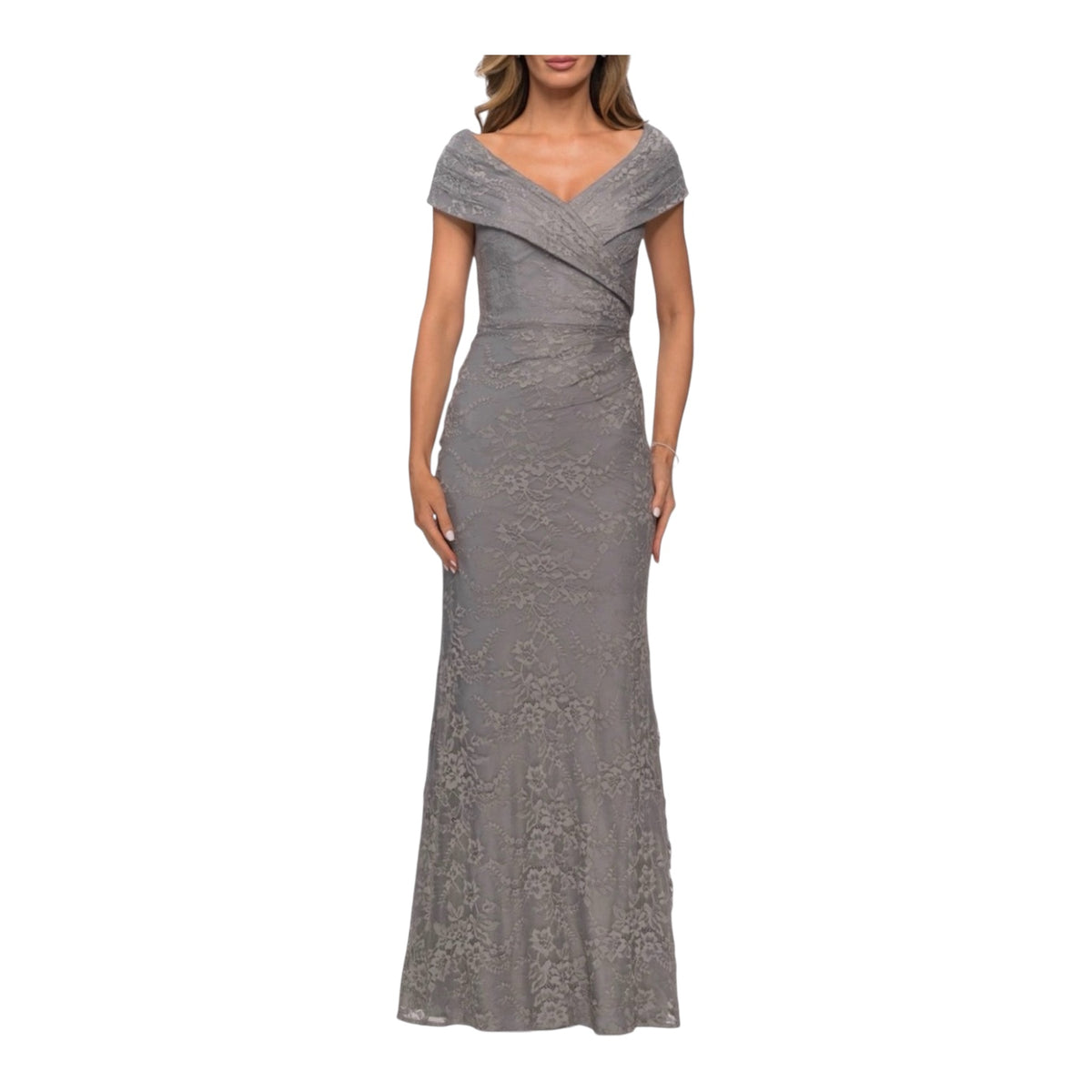 La Femme 27982 Platinum Lace Off Shoulder Gown Size 16 $378