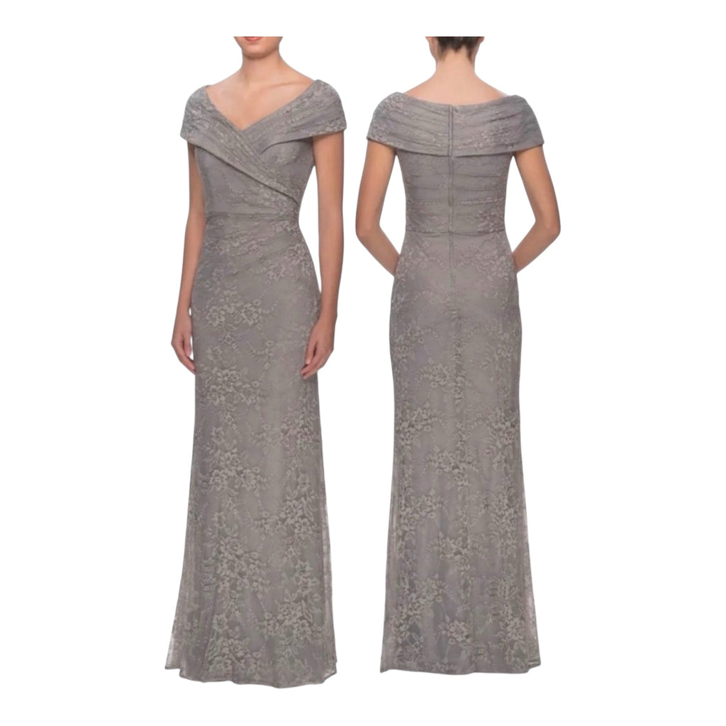 La Femme 27982 Platinum Lace Off Shoulder Gown Size 16 $378