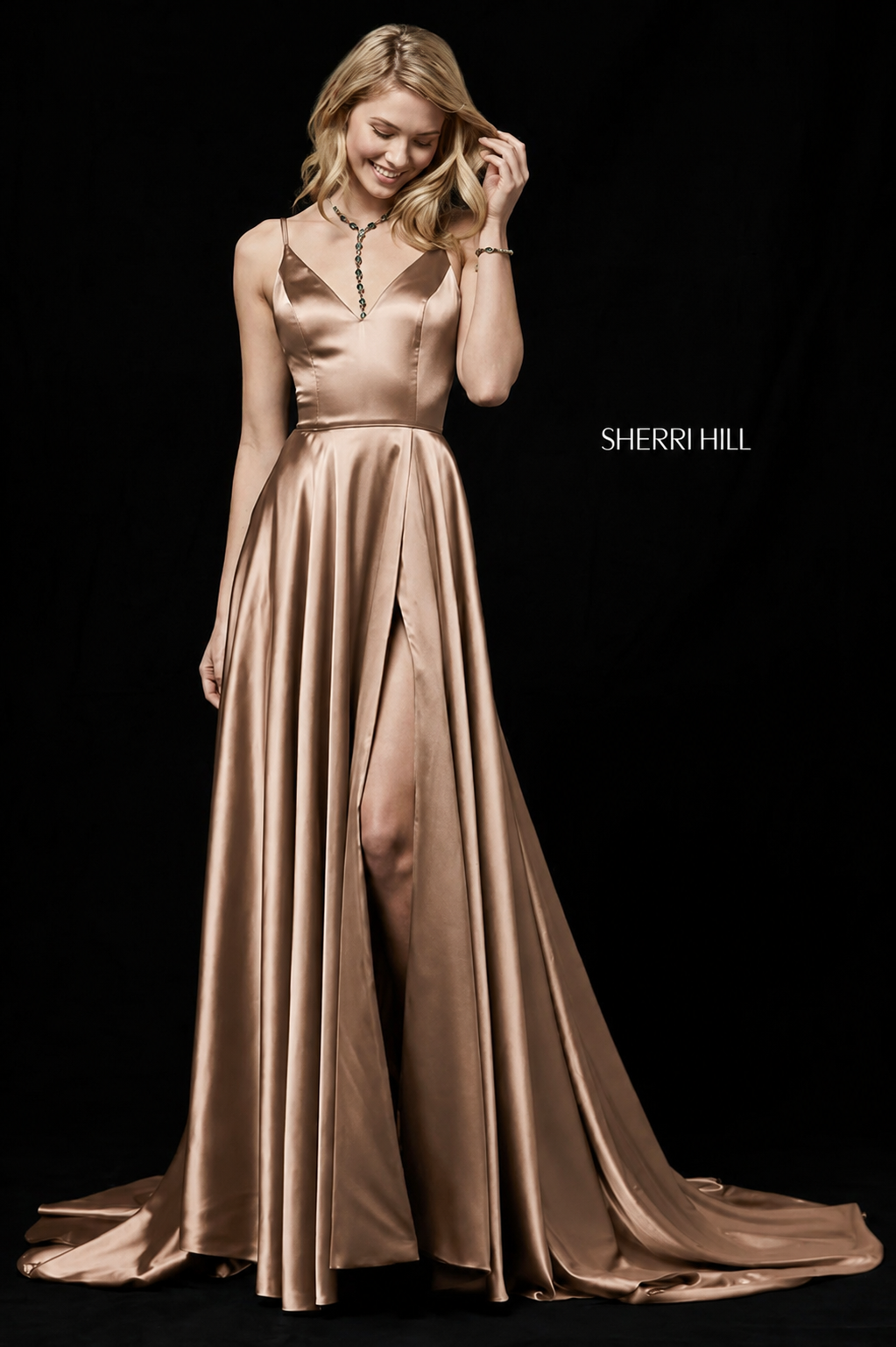 Sherri Hill 52119 Mocha Silk Charmeuse V-Neck High Slit Gown Size 4