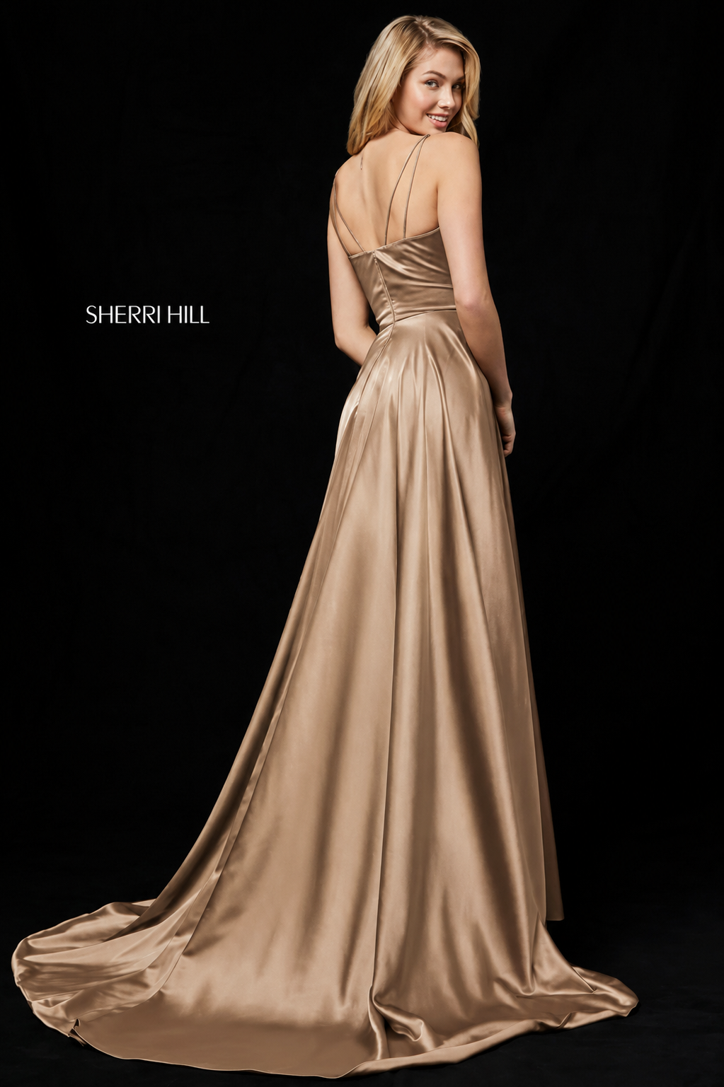 Sherri Hill 52119 Mocha Silk Charmeuse V-Neck High Slit Gown Size 4