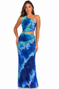 Dress The Population Nylah One Shoulder Tie Dye Mermaid Gown Blue Green Cutout Sz Small $288