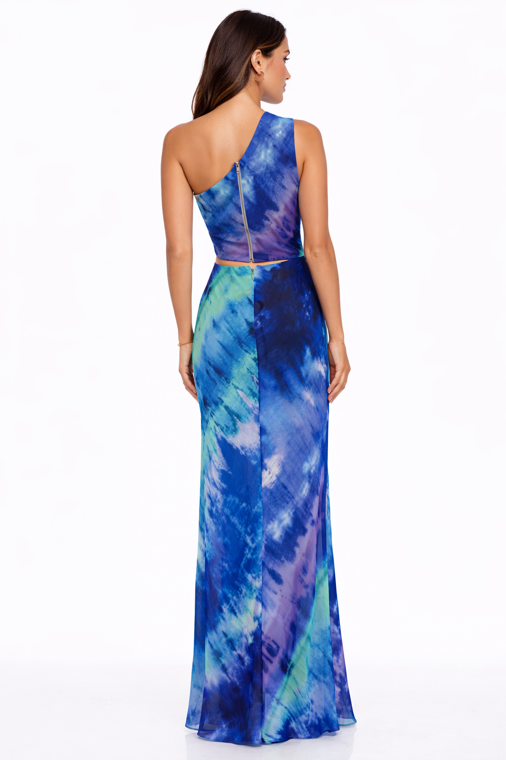 Dress The Population Nylah One Shoulder Tie Dye Mermaid Gown Blue Green Cutout Sz Small $288