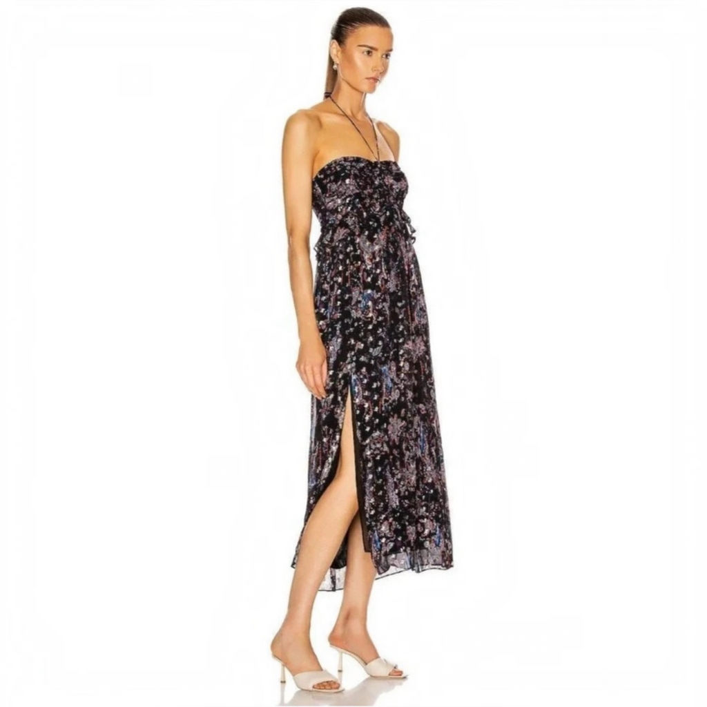 IRO Somov Paisley Lurex Jacquard Halter Midi Dress in Blue Sz 0