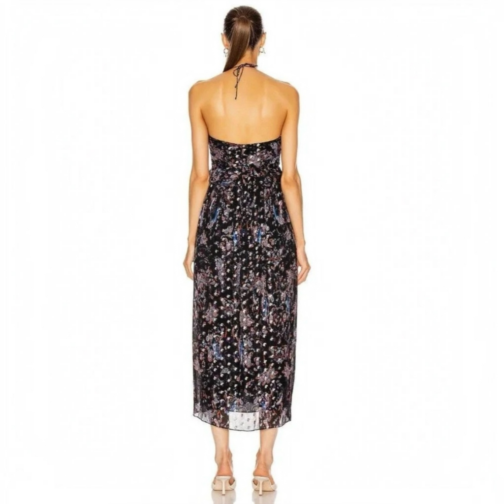 IRO Somov Paisley Lurex Jacquard Halter Midi Dress in Blue Sz 0