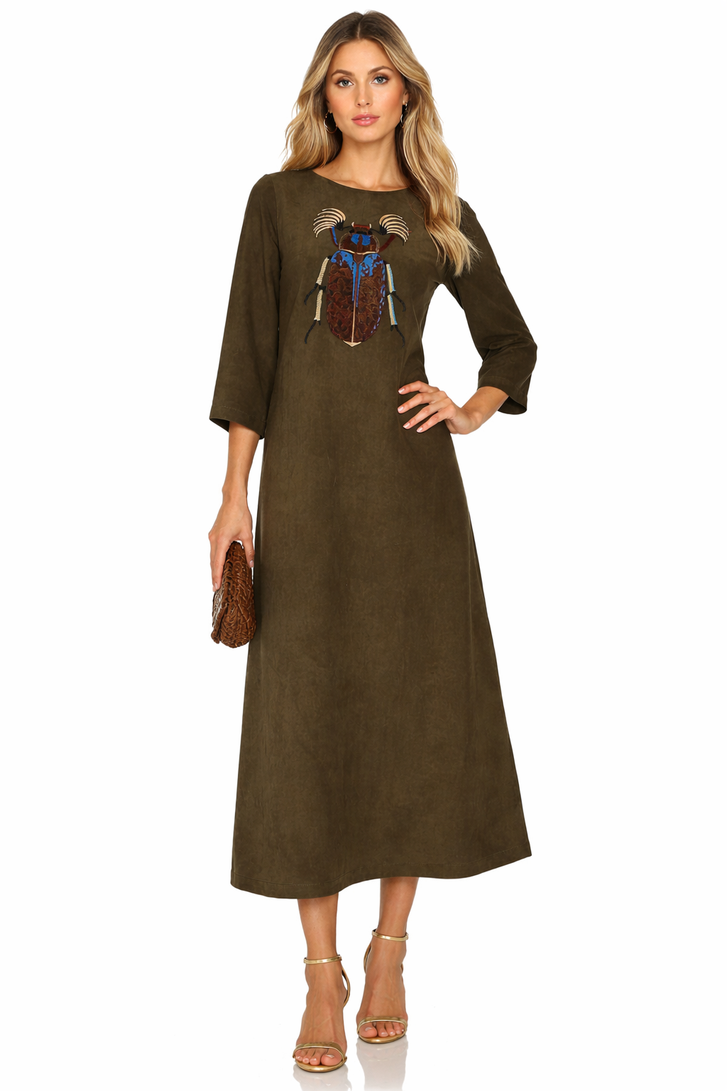 Jessica Allert Olive Embroidered Beetle Faux Suede Midi Dress Sz Small $399