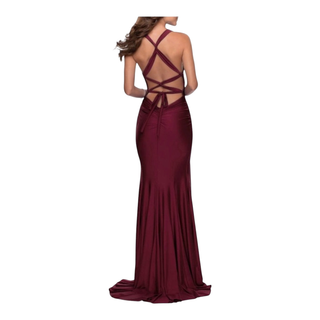 La Femme 28677 Satin Jersey Trumpet Gown Dark Berry Dress Sz 8