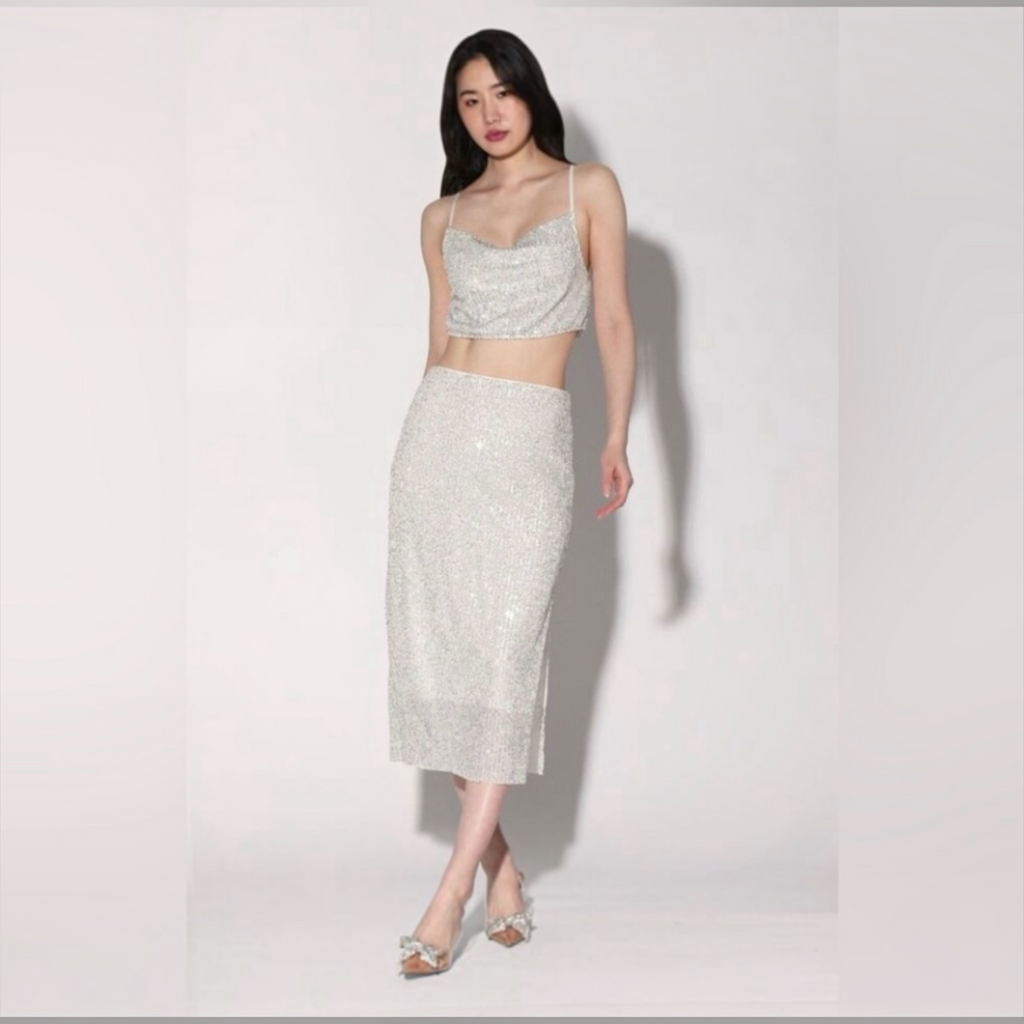 Walter Baker Crista Sequin Side Slit Midi Skirt in Ice Sz 4