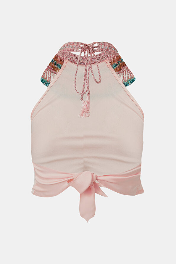 NWT My Beachy Side Emily in Paris Beaded Halter Top Pink Medium $265