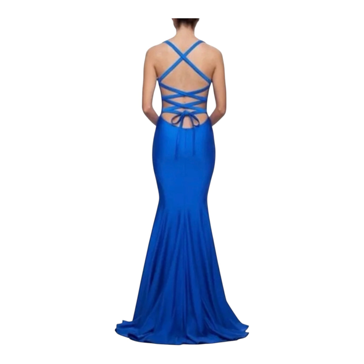 La Femme 28568 Lace Up Back Jersey Mermaid Gown Royal Blue Sz 6