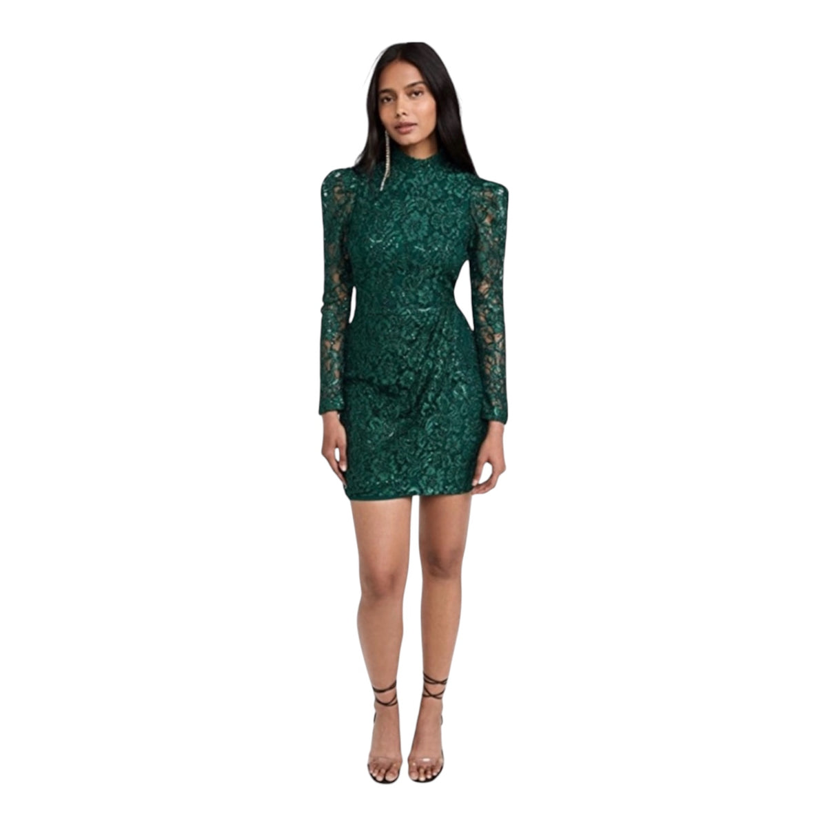 Black Halo Santorini Lace Sequin Long Sleeve Mini Dress Green Sz 12