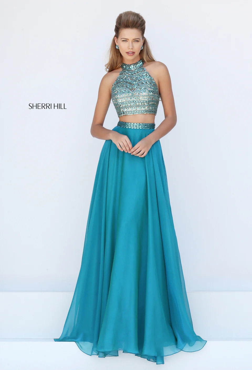 Sherri Hill 50096 Jade 2 Piece Beaded Halter Crop Top & Chiffon Skirt Set Size 2 $318