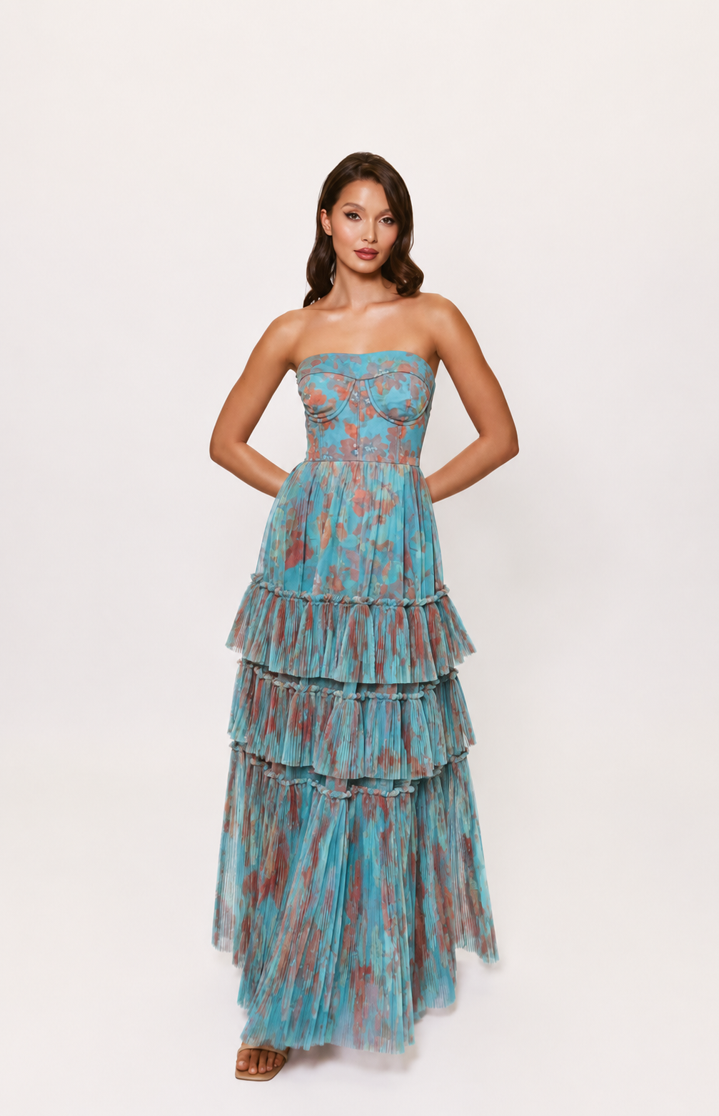 Hutch Isabella Gown – Size 2 – Romantic Vining Painted Floral Tulle – Blue/Copper