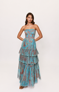 Hutch Isabella Gown – Size 2 – Romantic Vining Painted Floral Tulle – Blue/Copper