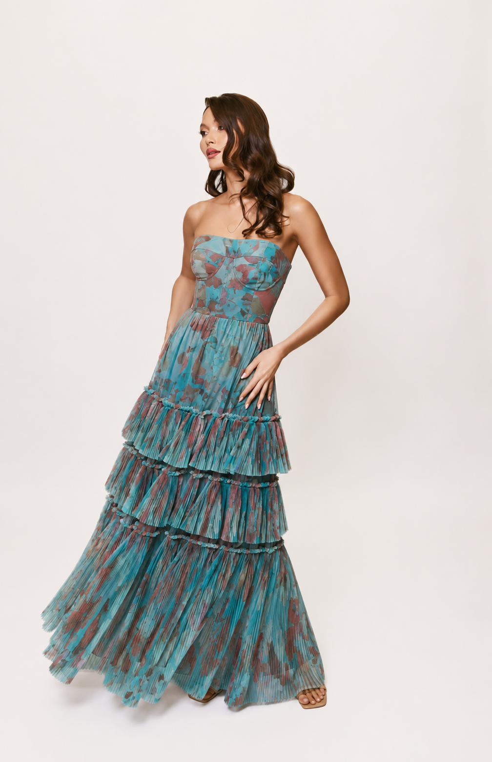 Hutch Isabella Gown – Size 2 – Romantic Vining Painted Floral Tulle – Blue/Copper