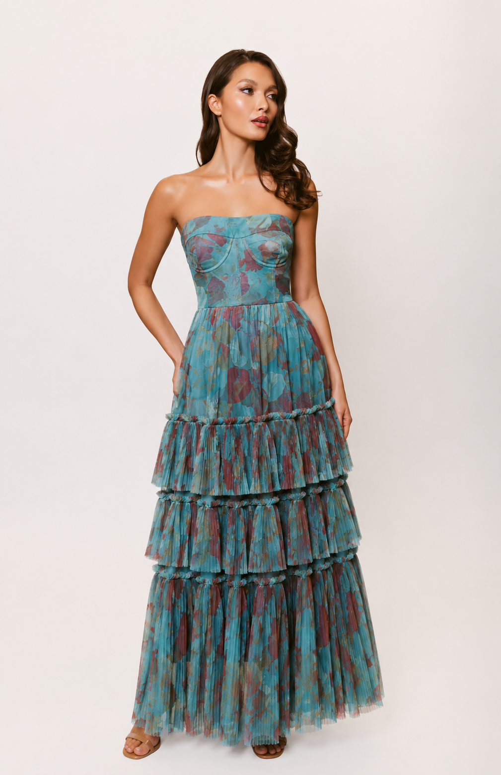 Hutch Isabella Gown – Size 2 – Romantic Vining Painted Floral Tulle – Blue/Copper